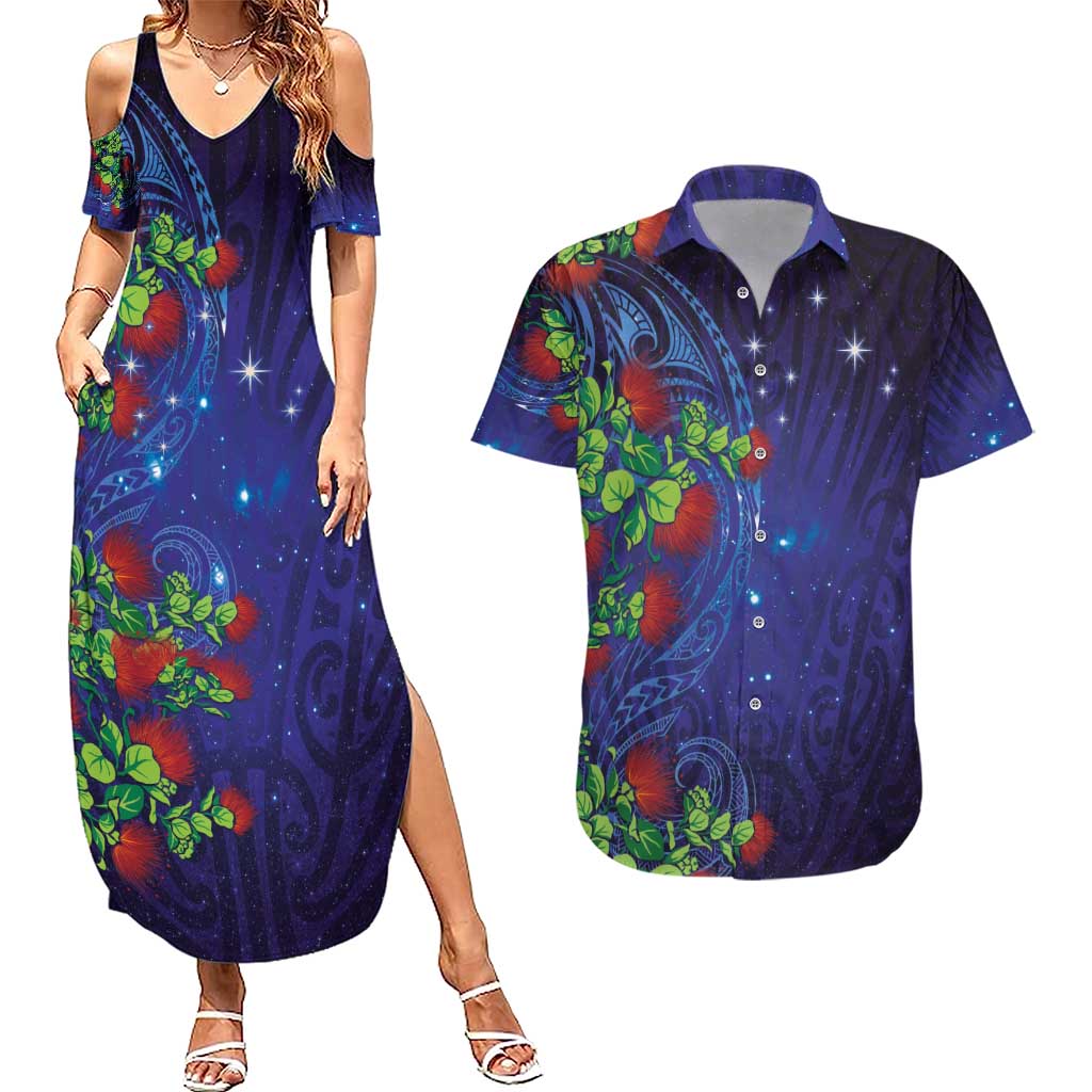 Matariki New Zealand Maori and Pohutukawa Couples Matching Summer Maxi Dress and Hawaiian Shirt Galaxy Blue Sky Style