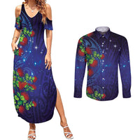 Matariki New Zealand Maori and Pohutukawa Couples Matching Summer Maxi Dress and Long Sleeve Button Shirt Galaxy Blue Sky Style