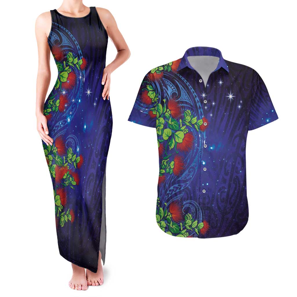 Matariki New Zealand Maori and Pohutukawa Couples Matching Tank Maxi Dress and Hawaiian Shirt Galaxy Blue Sky Style