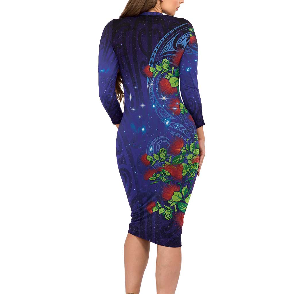 Matariki New Zealand Maori and Pohutukawa Family Matching Long Sleeve Bodycon Dress and Hawaiian Shirt Galaxy Blue Sky Style