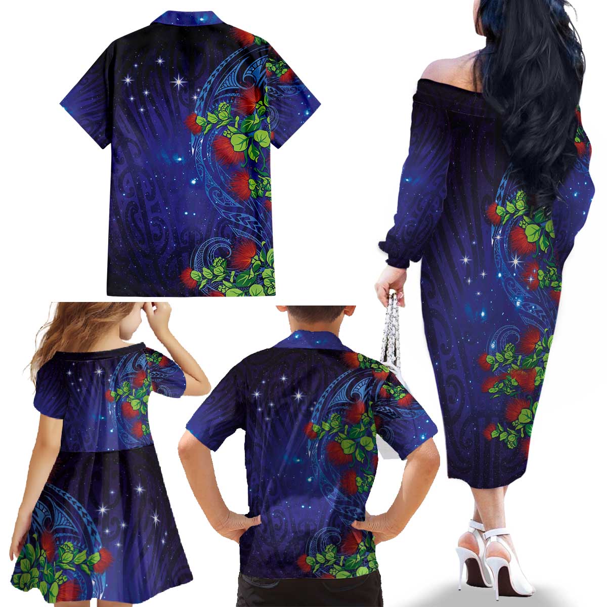 Matariki New Zealand Maori and Pohutukawa Family Matching Off The Shoulder Long Sleeve Dress and Hawaiian Shirt Galaxy Blue Sky Style