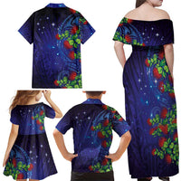 Matariki New Zealand Maori and Pohutukawa Family Matching Off Shoulder Maxi Dress and Hawaiian Shirt Galaxy Blue Sky Style