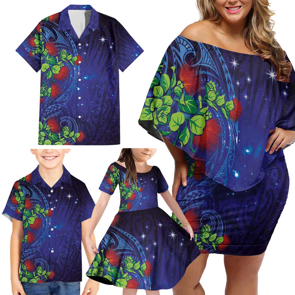 Matariki New Zealand Maori and Pohutukawa Family Matching Off Shoulder Short Dress and Hawaiian Shirt Galaxy Blue Sky Style