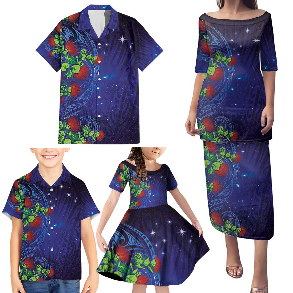 Matariki New Zealand Maori and Pohutukawa Family Matching Puletasi and Hawaiian Shirt Galaxy Blue Sky Style