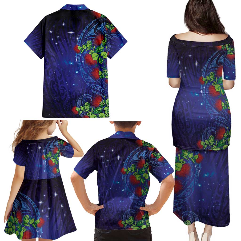 Matariki New Zealand Maori and Pohutukawa Family Matching Puletasi and Hawaiian Shirt Galaxy Blue Sky Style