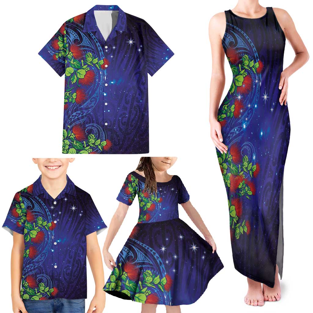 Matariki New Zealand Maori and Pohutukawa Family Matching Tank Maxi Dress and Hawaiian Shirt Galaxy Blue Sky Style