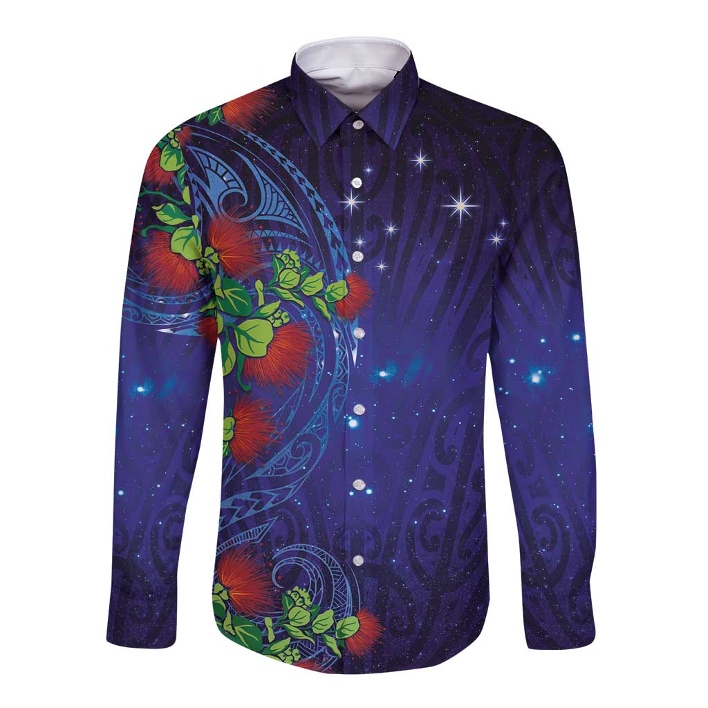 Matariki New Zealand Maori and Pohutukawa Long Sleeve Button Shirt Galaxy Blue Sky Style