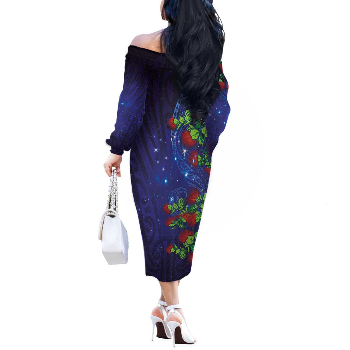 Matariki New Zealand Maori and Pohutukawa Off The Shoulder Long Sleeve Dress Galaxy Blue Sky Style