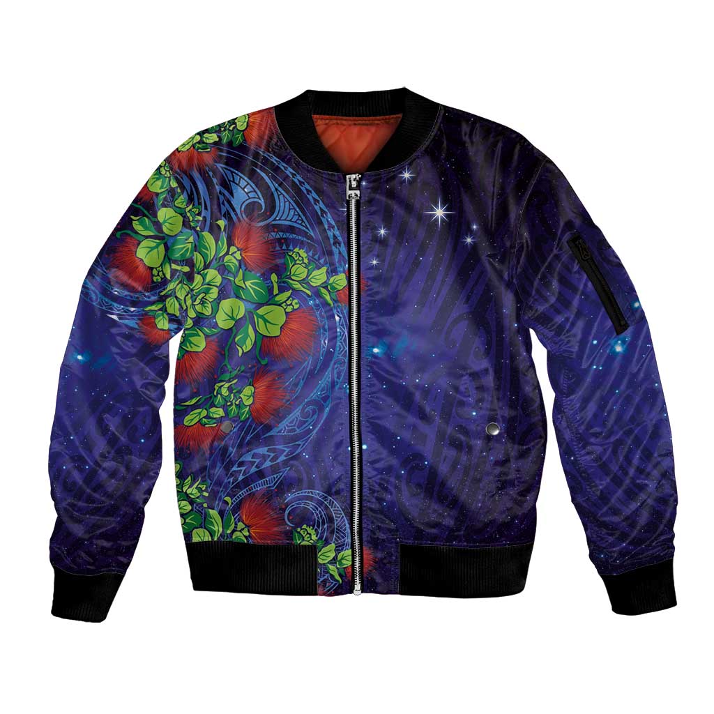 Matariki New Zealand Maori and Pohutukawa Sleeve Zip Bomber Jacket Galaxy Blue Sky Style LT03 Unisex Blue - Polynesian Pride
