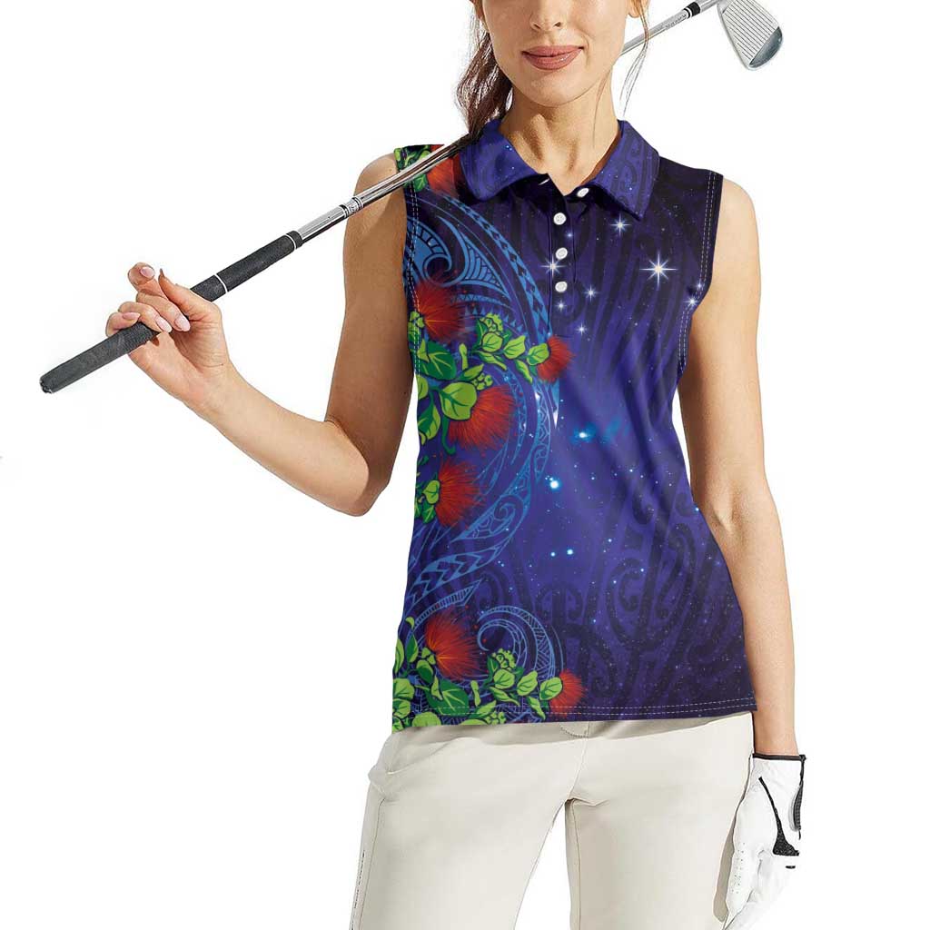 Matariki New Zealand Maori and Pohutukawa Women Sleeveless Polo Shirt Galaxy Blue Sky Style