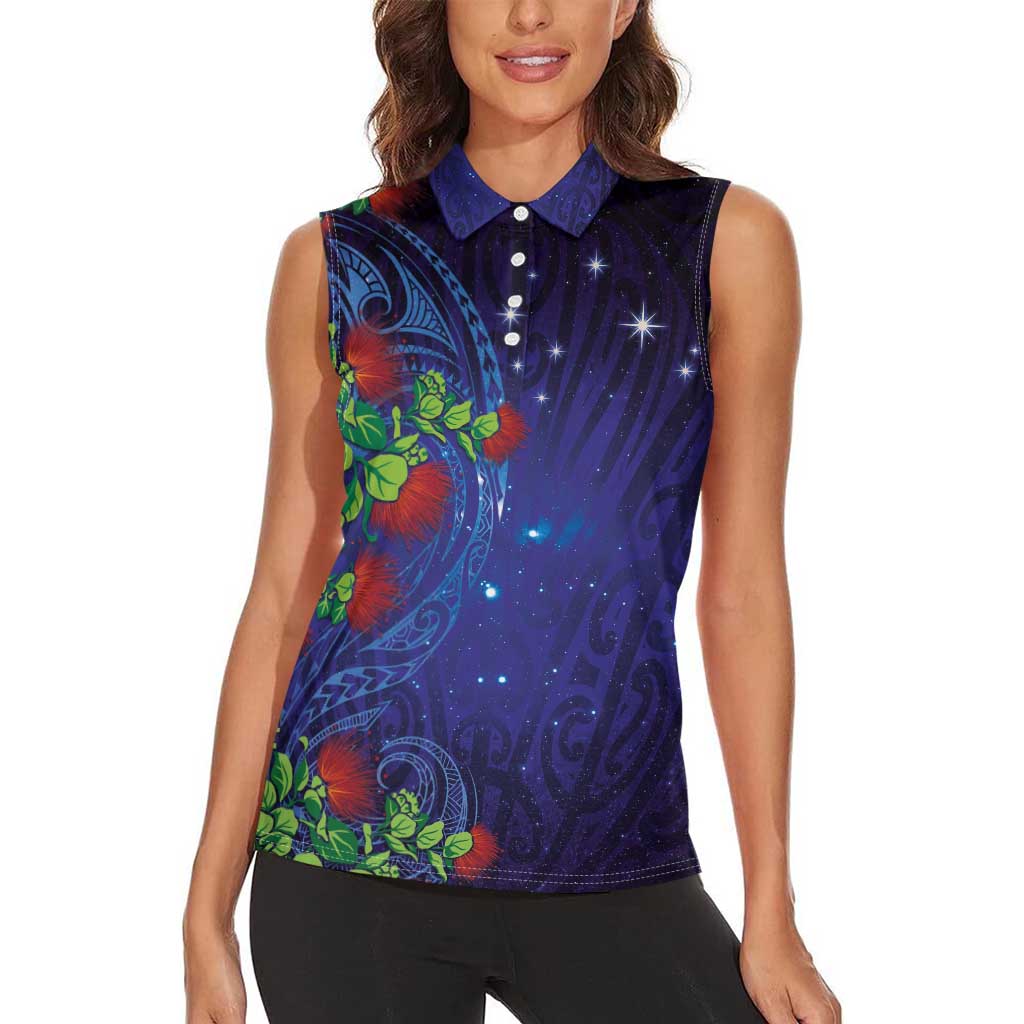 Matariki New Zealand Maori and Pohutukawa Women Sleeveless Polo Shirt Galaxy Blue Sky Style