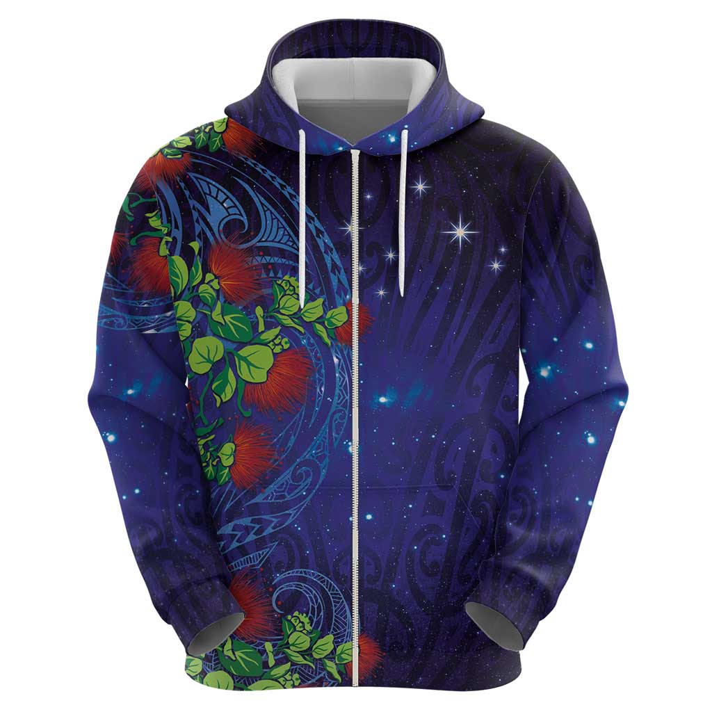 Matariki New Zealand Maori and Pohutukawa Zip Hoodie Galaxy Blue Sky Style