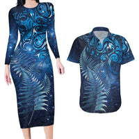 Matariki New Zealand Maori Silver Fern Couples Matching Long Sleeve Bodycon Dress and Hawaiian Shirt Galaxy Blue Sky Style
