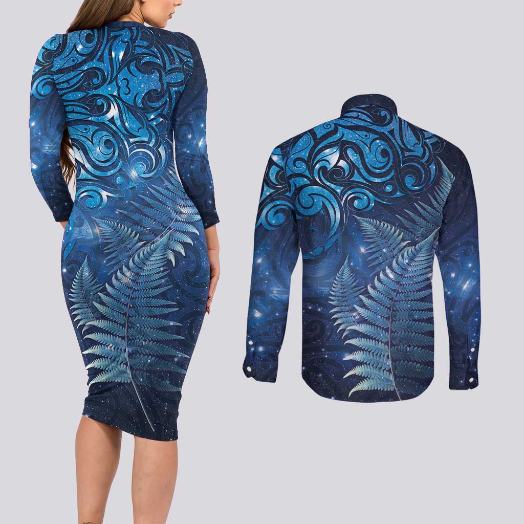 Matariki New Zealand Maori Silver Fern Couples Matching Long Sleeve Bodycon Dress and Long Sleeve Button Shirt Galaxy Blue Sky Style