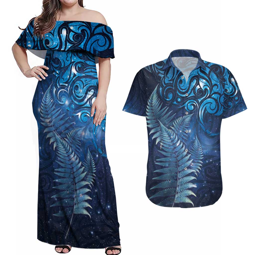 Matariki New Zealand Maori Silver Fern Couples Matching Off Shoulder Maxi Dress and Hawaiian Shirt Galaxy Blue Sky Style