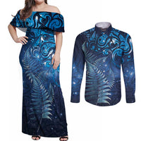 Matariki New Zealand Maori Silver Fern Couples Matching Off Shoulder Maxi Dress and Long Sleeve Button Shirt Galaxy Blue Sky Style