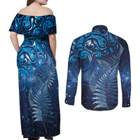 Matariki New Zealand Maori Silver Fern Couples Matching Off Shoulder Maxi Dress and Long Sleeve Button Shirt Galaxy Blue Sky Style