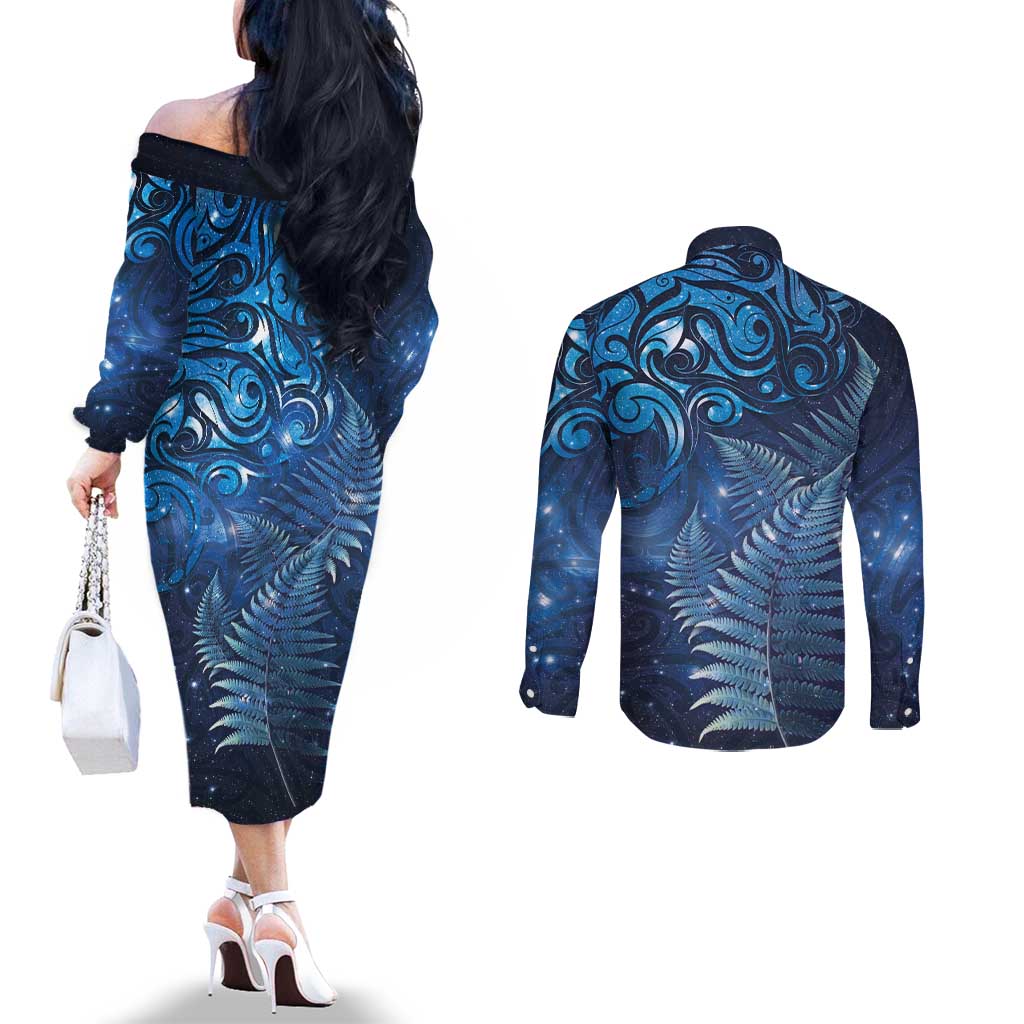 Matariki New Zealand Maori Silver Fern Couples Matching Off The Shoulder Long Sleeve Dress and Long Sleeve Button Shirt Galaxy Blue Sky Style