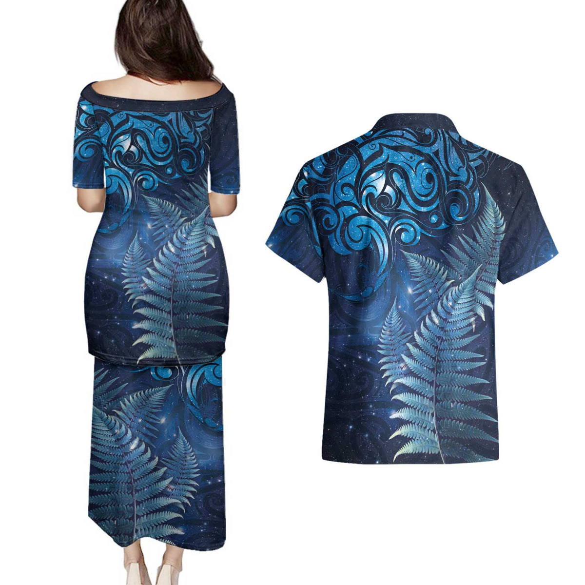 Matariki New Zealand Maori Silver Fern Couples Matching Puletasi and Hawaiian Shirt Galaxy Blue Sky Style