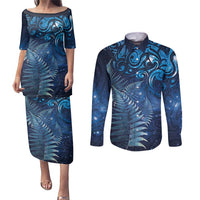 Matariki New Zealand Maori Silver Fern Couples Matching Puletasi and Long Sleeve Button Shirt Galaxy Blue Sky Style