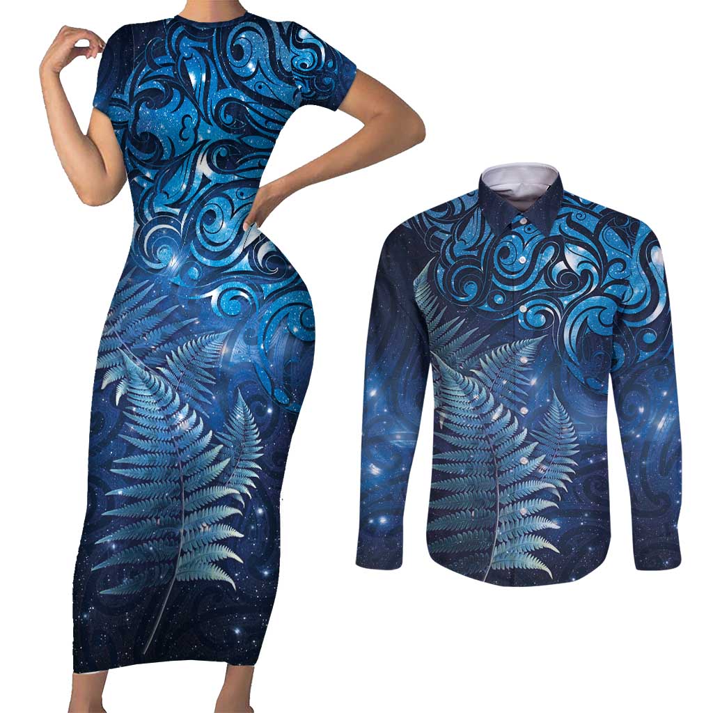 Matariki New Zealand Maori Silver Fern Couples Matching Short Sleeve Bodycon Dress and Long Sleeve Button Shirt Galaxy Blue Sky Style