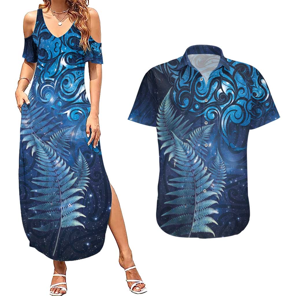 Matariki New Zealand Maori Silver Fern Couples Matching Summer Maxi Dress and Hawaiian Shirt Galaxy Blue Sky Style
