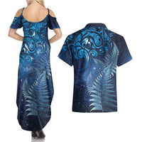 Matariki New Zealand Maori Silver Fern Couples Matching Summer Maxi Dress and Hawaiian Shirt Galaxy Blue Sky Style