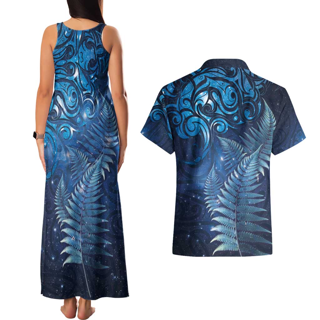 Matariki New Zealand Maori Silver Fern Couples Matching Tank Maxi Dress and Hawaiian Shirt Galaxy Blue Sky Style