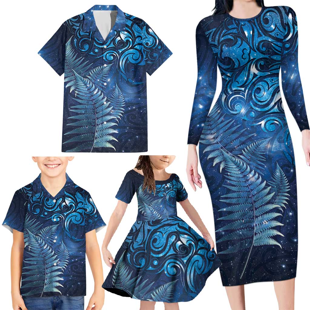 Matariki New Zealand Maori Silver Fern Family Matching Long Sleeve Bodycon Dress and Hawaiian Shirt Galaxy Blue Sky Style
