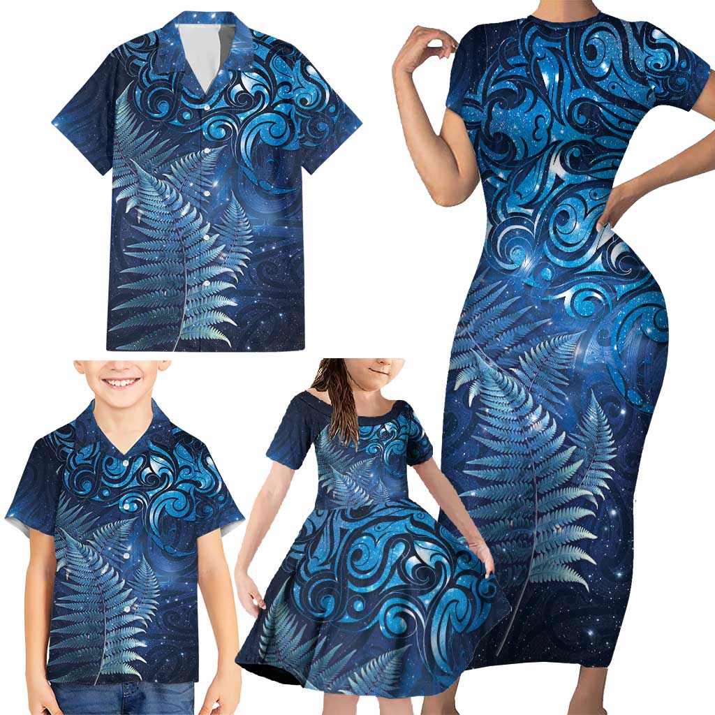 Matariki New Zealand Maori Silver Fern Family Matching Short Sleeve Bodycon Dress and Hawaiian Shirt Galaxy Blue Sky Style
