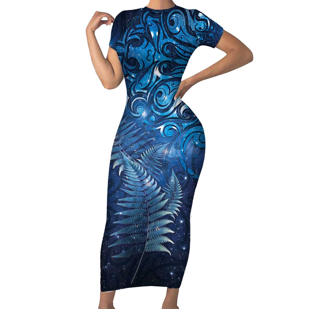 Matariki New Zealand Maori Silver Fern Family Matching Short Sleeve Bodycon Dress and Hawaiian Shirt Galaxy Blue Sky Style