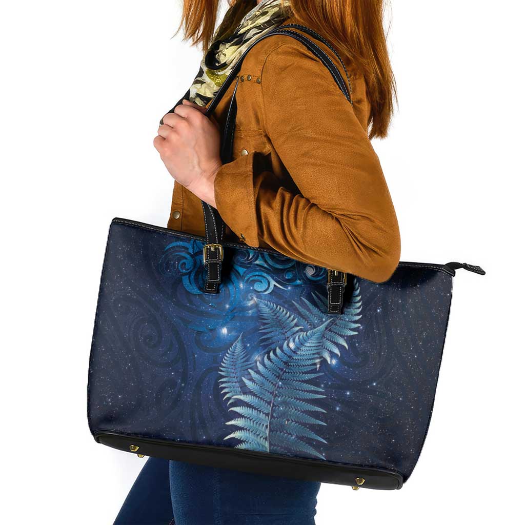 Matariki New Zealand Maori Silver Fern Leather Tote Bag Galaxy Blue Sky Style