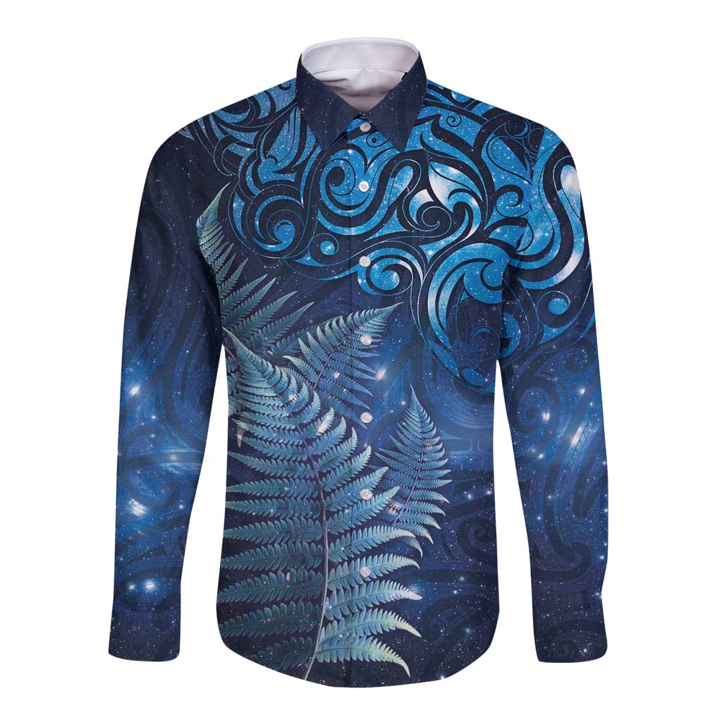 Matariki New Zealand Maori Silver Fern Long Sleeve Button Shirt Galaxy Blue Sky Style