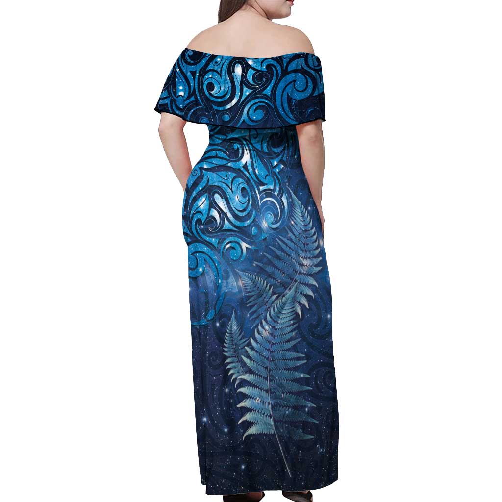 Matariki New Zealand Maori Silver Fern Off Shoulder Maxi Dress Galaxy Blue Sky Style