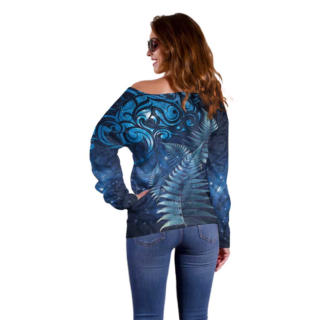 Matariki New Zealand Maori Silver Fern Off Shoulder Sweater Galaxy Blue Sky Style