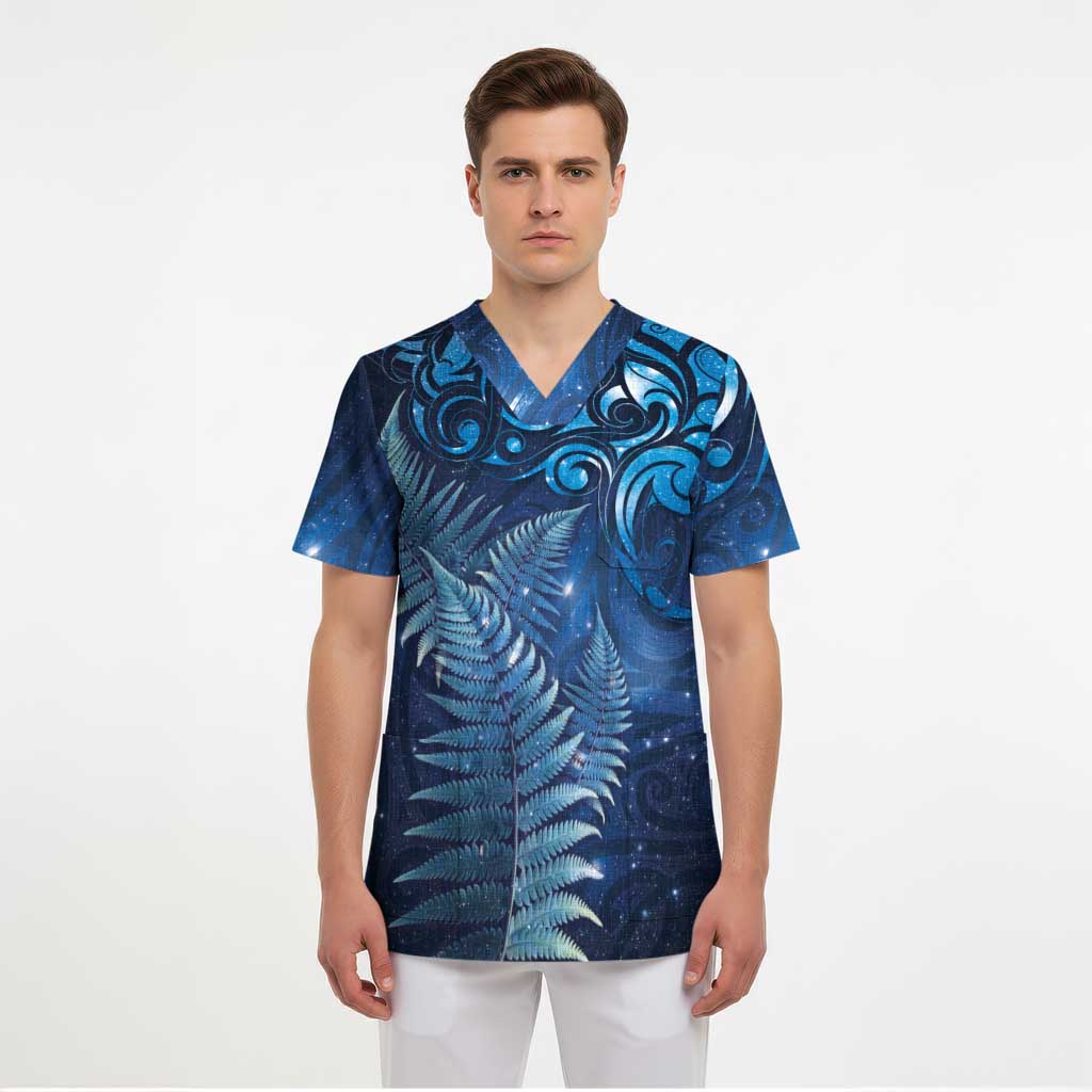 Matariki New Zealand Maori Silver Fern Scrub Top Galaxy Blue Sky Style - Polynesian Pride