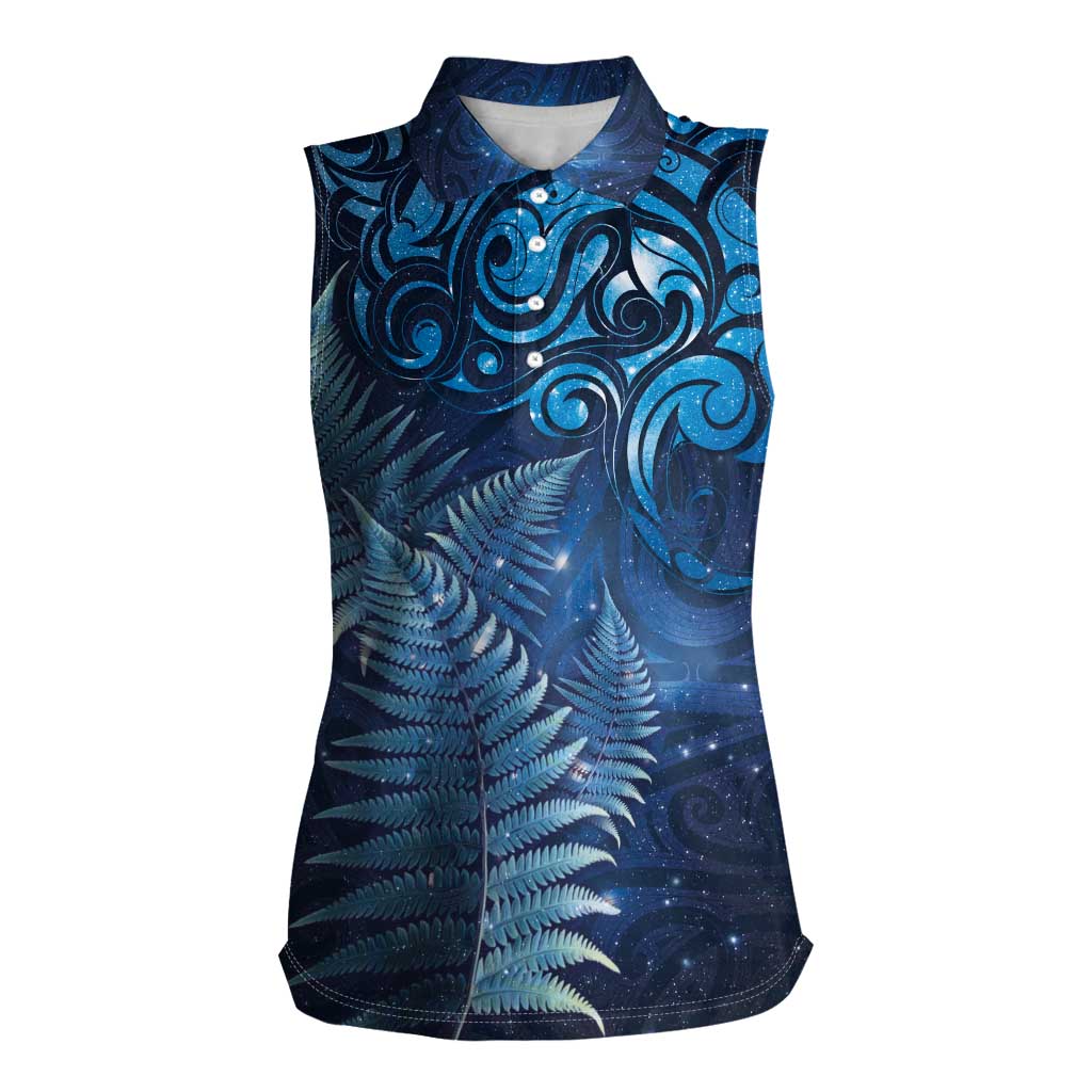 Matariki New Zealand Maori Silver Fern Women Sleeveless Polo Shirt Galaxy Blue Sky Style