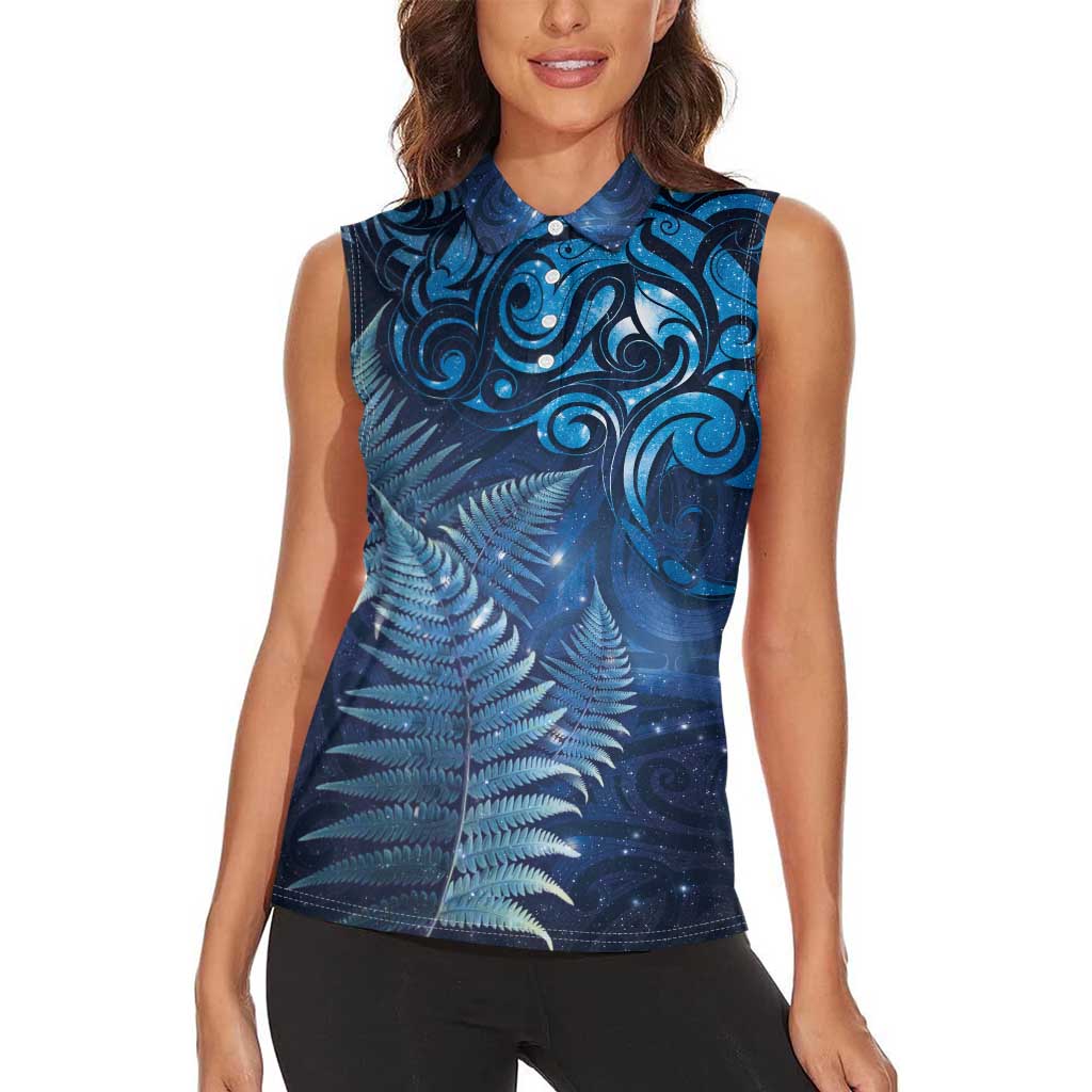 Matariki New Zealand Maori Silver Fern Women Sleeveless Polo Shirt Galaxy Blue Sky Style
