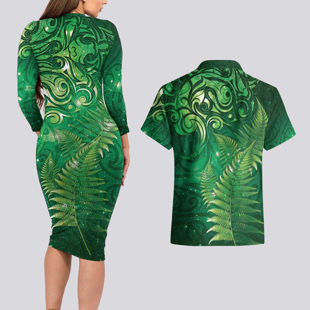Matariki New Zealand Maori Silver Fern Couples Matching Long Sleeve Bodycon Dress and Hawaiian Shirt Galaxy Green Sky Style