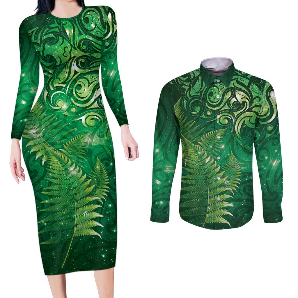 Matariki New Zealand Maori Silver Fern Couples Matching Long Sleeve Bodycon Dress and Long Sleeve Button Shirt Galaxy Green Sky Style