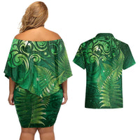 Matariki New Zealand Maori Silver Fern Couples Matching Off Shoulder Short Dress and Hawaiian Shirt Galaxy Green Sky Style