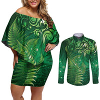 Matariki New Zealand Maori Silver Fern Couples Matching Off Shoulder Short Dress and Long Sleeve Button Shirt Galaxy Green Sky Style