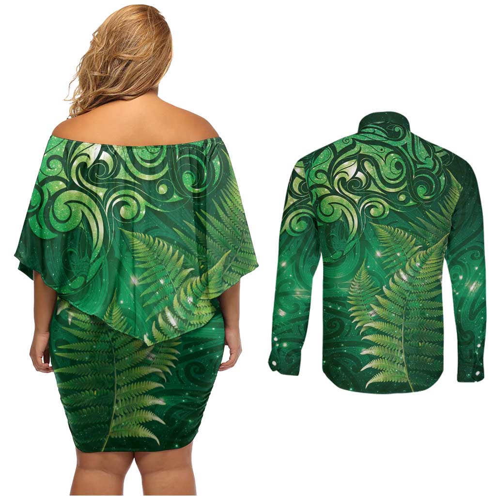 Matariki New Zealand Maori Silver Fern Couples Matching Off Shoulder Short Dress and Long Sleeve Button Shirt Galaxy Green Sky Style