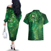 Matariki New Zealand Maori Silver Fern Couples Matching Off The Shoulder Long Sleeve Dress and Hawaiian Shirt Galaxy Green Sky Style