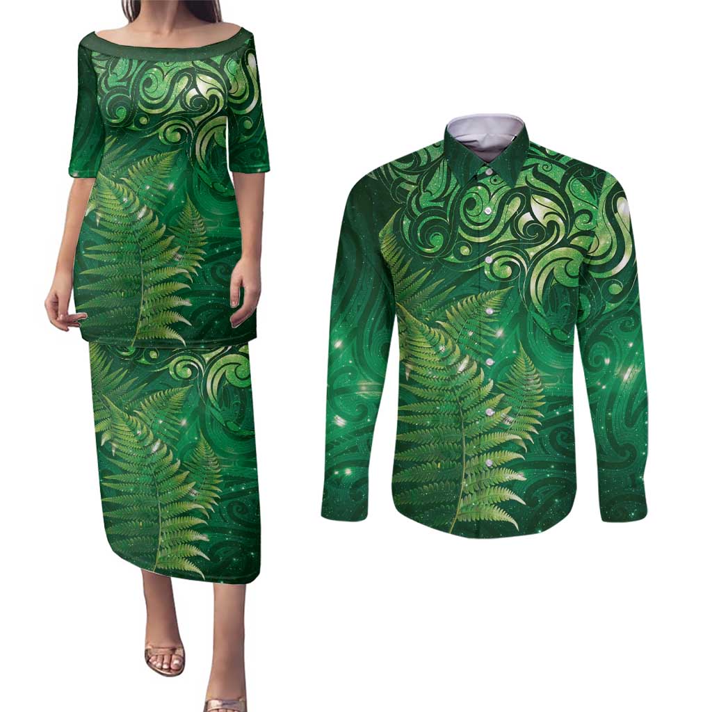 Matariki New Zealand Maori Silver Fern Couples Matching Puletasi and Long Sleeve Button Shirt Galaxy Green Sky Style