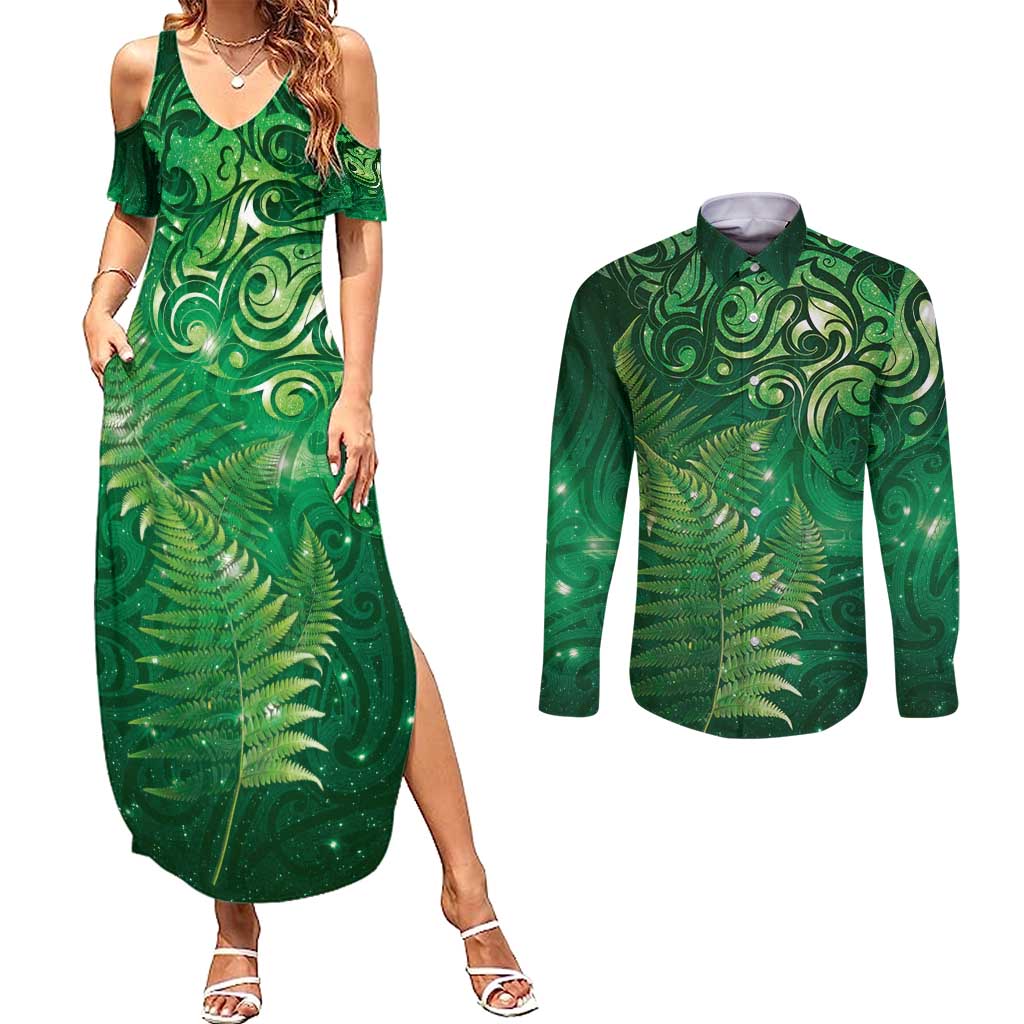 Matariki New Zealand Maori Silver Fern Couples Matching Summer Maxi Dress and Long Sleeve Button Shirt Galaxy Green Sky Style