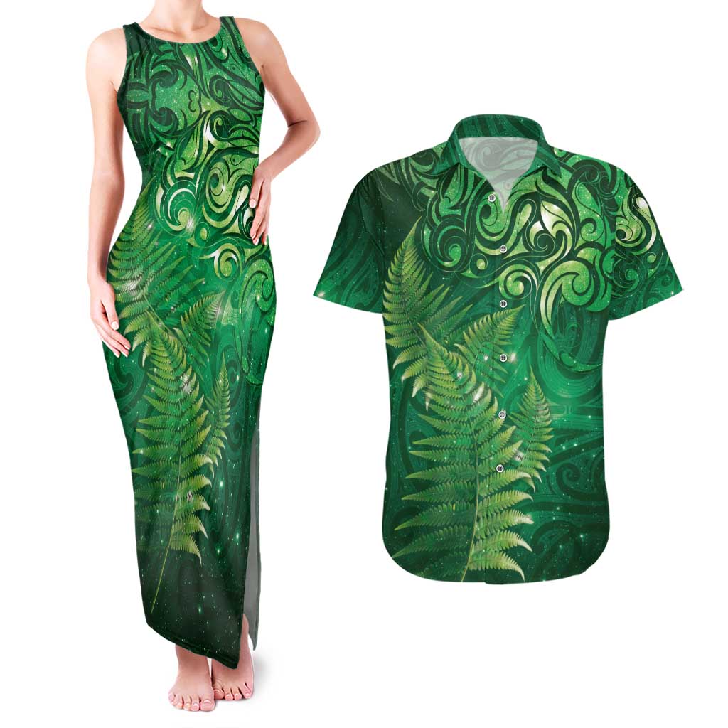 Matariki New Zealand Maori Silver Fern Couples Matching Tank Maxi Dress and Hawaiian Shirt Galaxy Green Sky Style