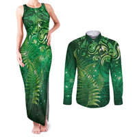 Matariki New Zealand Maori Silver Fern Couples Matching Tank Maxi Dress and Long Sleeve Button Shirt Galaxy Green Sky Style