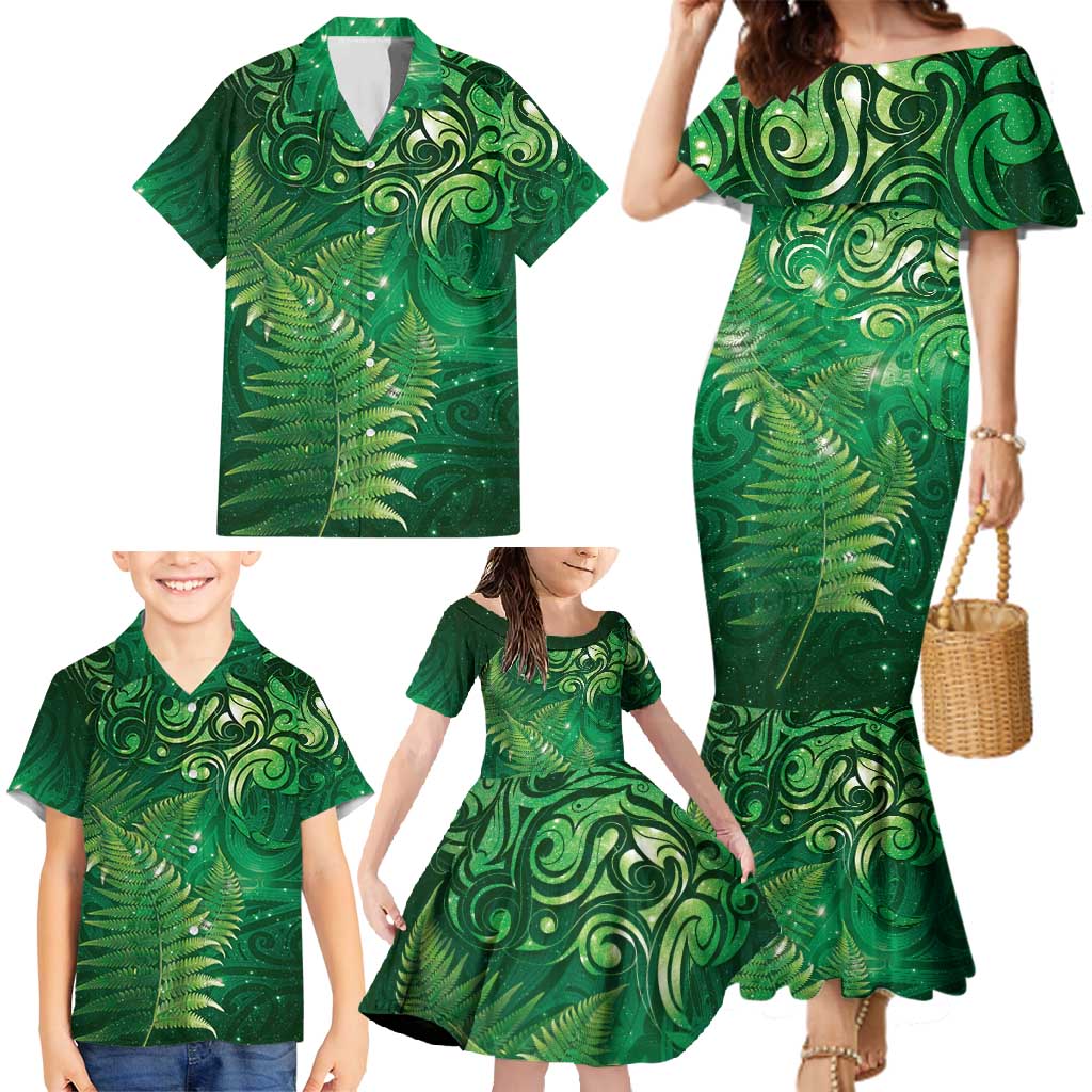 Matariki New Zealand Maori Silver Fern Family Matching Mermaid Dress and Hawaiian Shirt Galaxy Green Sky Style