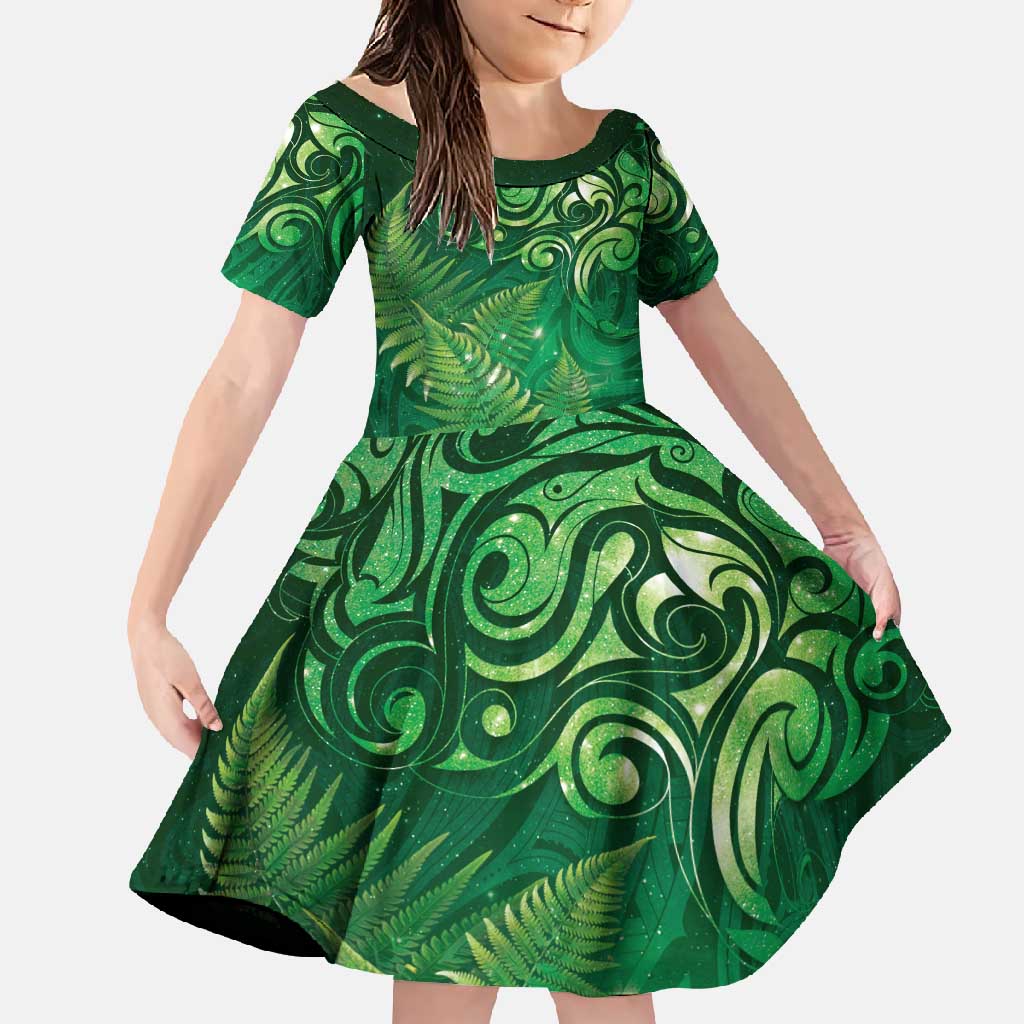 Matariki New Zealand Maori Silver Fern Family Matching Off Shoulder Maxi Dress and Hawaiian Shirt Galaxy Green Sky Style